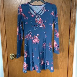 Blue long sleeve crisscross deep V dress